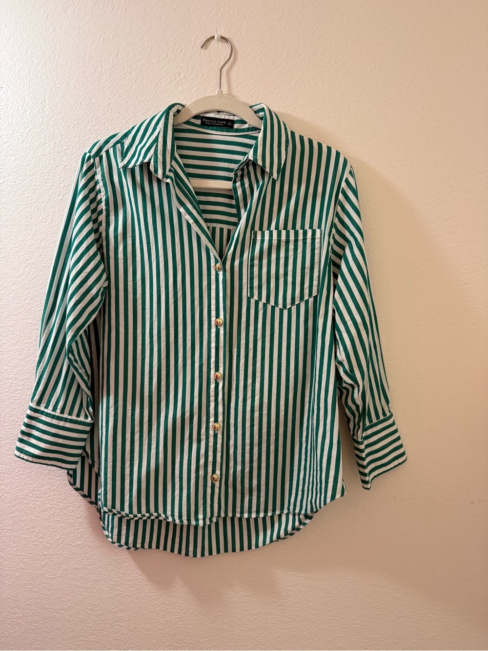 Green and White Striped Button-Down Shirt - Women